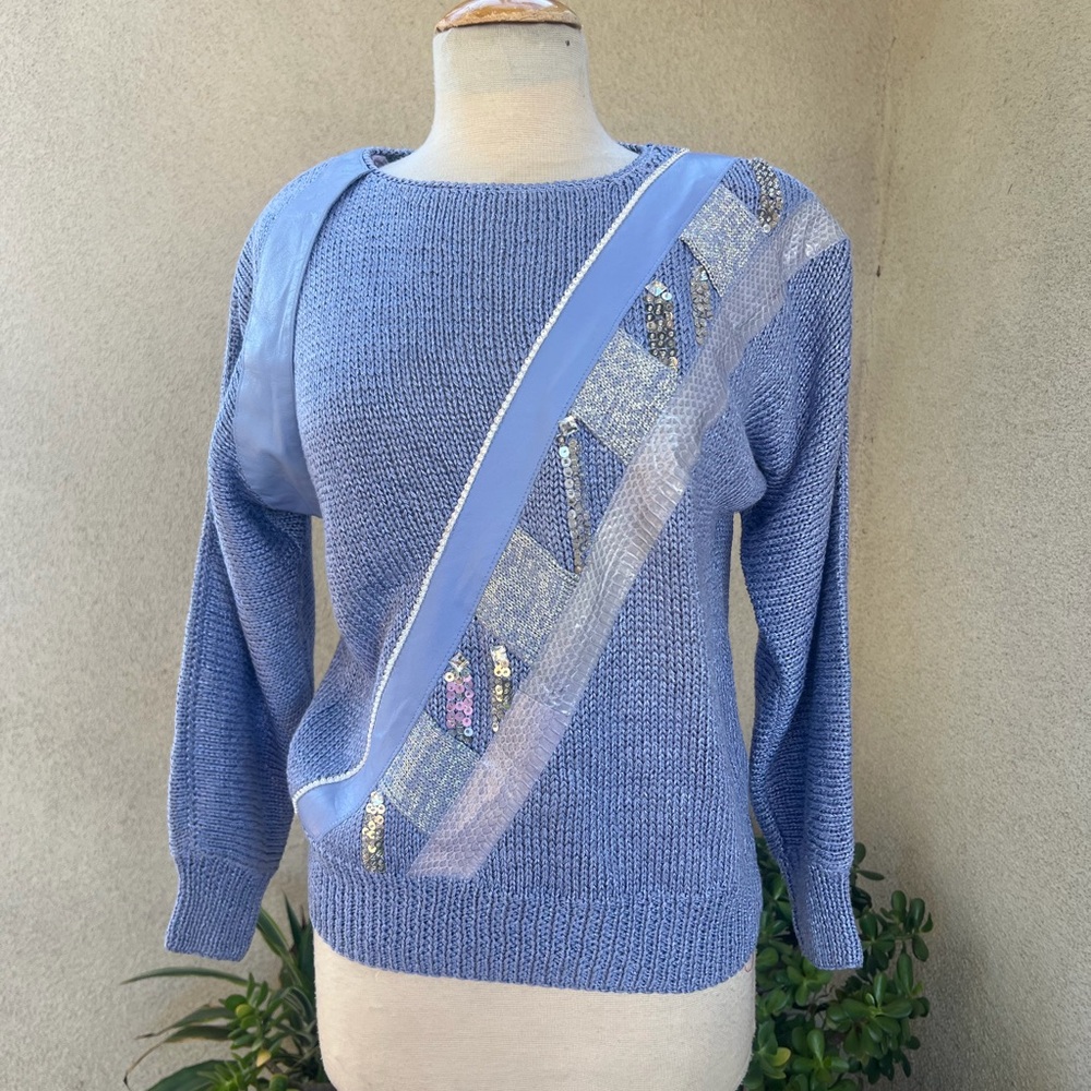 Vintage glam sweater top faux leather sequins accents blue knit Small Nannell